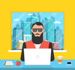Poster - Man sitting in the room and working on a laptop. Town and skyscraper in the window. Vector illustration.
