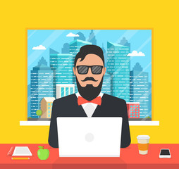 Poster - Man sitting in the room and working on a laptop. Town and skyscraper in the window. Vector illustration.