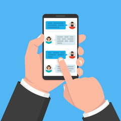 Poster - Hand holding smartphone with application with chat boxes. Vector illustration.