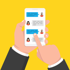 Poster - Hand holding smartphone with application with chat boxes. Vector illustration.