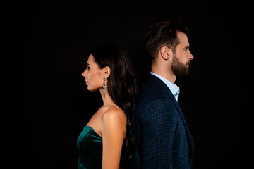 Poster - Close up side profile photo pair she her classy he him his macho tender stand back to back not see each other secret privacy wear blue costume jacket green velvet dress isolated black background