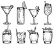 Alcoholic cocktail glass hand drawn sketch vector illustration. Alcohol drink in different glass isolated on white background. Cocktail glass ink style for cocktail bar menu. Vodka cocktail glass