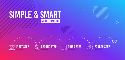 Poster - Infographic timeline. Analytics graph, Blog and Businesswoman person icons simple set. Vinyl record sign. Growth report, Chat message, Female user. Retro music. 4 steps layout. Vector