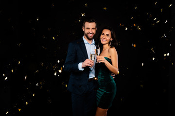Poster - Portrait of his he her she nice well-dressed fascinating attractive magnificent classy glamorous lovely luxurious smart cheerful two person flying decorative elements isolated on black background