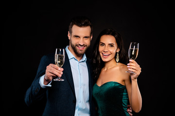 Wall Mural - Close-up portrait of his he her she nice-looking adorable attractive glamorous lovely luxurious smart two person St Valentine day wedding greetings isolated over black background