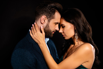 Poster - Close-up profile side view portrait of his he her she nice-looking attractive lovely luxurious passionate two person caressing St Valentine day event isolated over black background