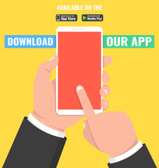 Poster - Download page of the mobile app. Hand holding smartphone and touching screen. Vector illustration.