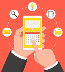 Poster - Calendar, schedule, reminder, planning app on smartphone screen. Hand holds phone, finger touches screen. Vector illustration.