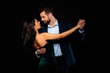 Aufkleber - Close up back rear behind photo beautiful she her wife he him his husband mrs mr married spouse hold hands tango slow dance position gentle wear costume jacket green dress isolated black background