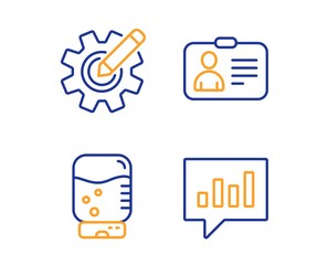 Poster - Id card, Water cooler and Cogwheel icons simple set. Analytical chat sign. Human document, Office drink, Edit settings. Communication speech bubble. Business set. Linear id card icon. Vector