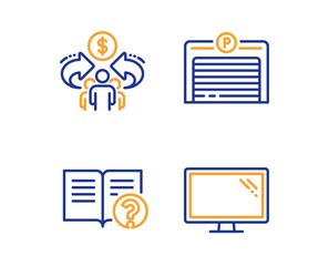 Aufkleber - Sharing economy, Parking garage and Help icons simple set. Monitor sign. Share, Automatic door, Documentation. Computer component. Technology set. Linear sharing economy icon. Colorful design set