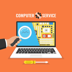 Fototapete - Laptop repair, computer service. Motherboard in the section of the screen. Vector illustration.