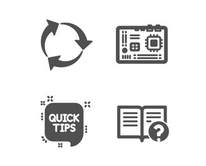 Aufkleber - Set of Motherboard, Quick tips and Recycle icons. Help sign. Computer component, Helpful tricks, Recycling waste. Documentation.  Classic design motherboard icon. Flat design. Vector