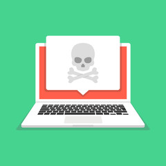 Poster - Laptop with skull on the screen. Concept of virus, piracy, hacking and security. Vector illustration.