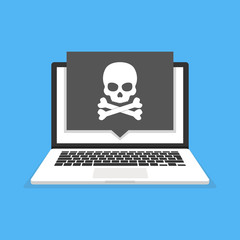 Poster - Laptop with skull on the screen. Concept of virus, piracy, hacking and security. Vector illustration.
