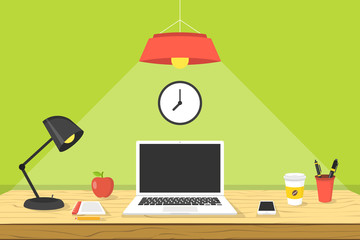 Poster - Modern workplace. Laptop on wooden the table. Working place concept. Vector illustration.