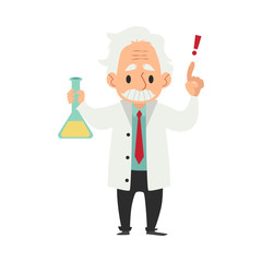 An old wise man with a mustache conducts a scientific experiment or test with a flask.