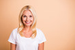 Closeup photo of middle age lady smiling neat appearance good-looking wear white casual t-shirt isolated pastel beige background