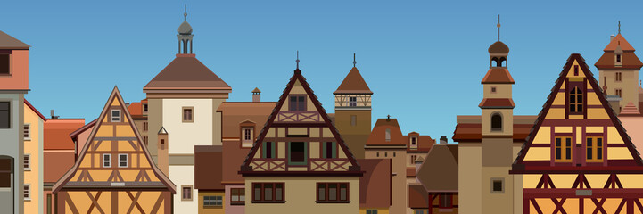 background of a drawn European city with half timbered houses