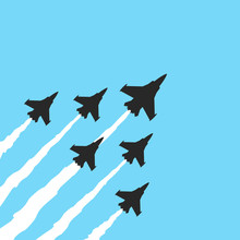 Military Fighter Jets On A Blue Background. Vector Airplane Show Banner