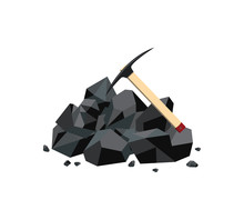 Coal Mine Icon With Black Mineral Rock Lump And Pickaxe. Fuel Mine Industry Resource And Carbon Energy Mining Instument And Charcoal Stone Pile