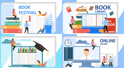 Poster - online education, online courses, online library. the concept of a book festival. vector illustratio