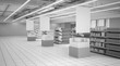 © suchywilk - Box Products In Supermarket With Blank Banners And Shelves. 3D rendering