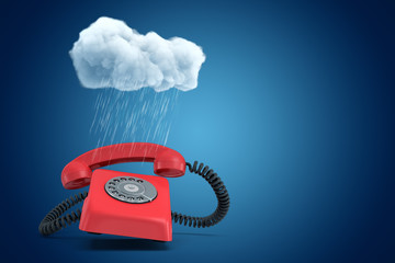 3d rendering of white rainy cloud above red vintage retro telephone on blue background