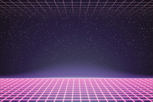 Laser Grid In Deep Space. Retro Futuristic Template In 80s Style. Synthwave, Retrowave, Vaporwave Theme