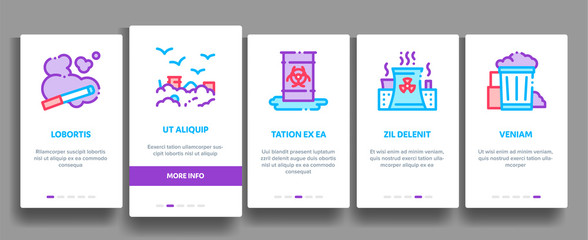 Poster - Pollution of Nature Vector Onboarding Mobile App Page Screen. Environmental Pollution, Chemical, Radiological Contamination Linear Pictograms. Gas, CO2 Emissions, Dirty Soil, Water, Air Illustration