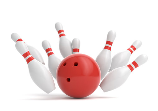 Red Bowling Ball and scattered white skittles isolated on white background. Realistic game set. 3D rendering illustration