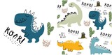 Fototapeta Dinusie - set of cute dinosaur print and seamless pattern with dinosaurs. vector illustration