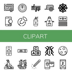 Sticker - Set of clipart icons such as Patent, Smartphone, Pencil, Pie chart, Musical notes, Spray, Cart, Apron, Spider web, Gum, Dolphin, Chewing gum, Pirate ship, Abc block , clipart