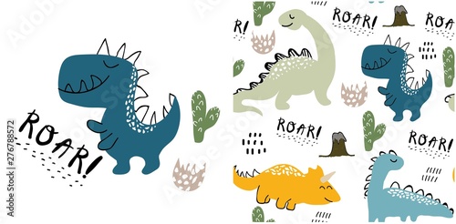 set of cute dinosaur print and seamless pattern with dinosaurs Canvas Print