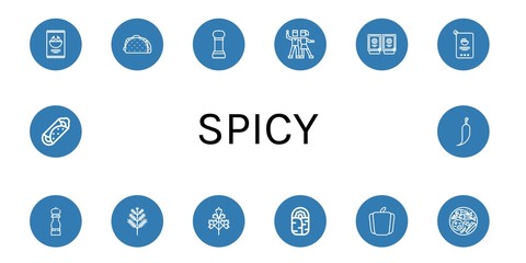 Wall Mural - Set of spicy icons such as Nachos, Taco, Grinder, Salsa, Sauces, Mayonnaise, Pepper, Dill, Parsley, Burrito, Thai food, Hot pepper , spicy