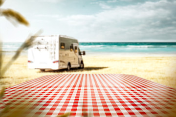 Desk of free space and summer beach landscape 