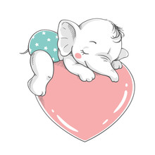 Vector Illustration Of A Cute Baby Elephant, Sleeping On A Big Pink Heart.