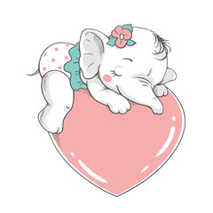 Wall Mural - Vector illustration of a cute baby girl elephant, sleeping on a big pink heart.