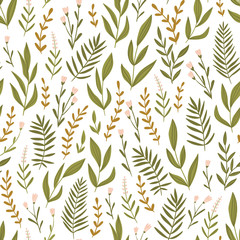 Light green seamless pattern with  herbs and flowers. Bedding floral background. Fabric design. Vector illustration.