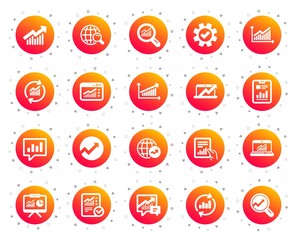 Aufkleber - Analytics, Statistics icons. Set of Chart, Report document and Graph icons. Data analytics, Presentation chart and Communication. Global Statistics, hold document and checklist report. Vector