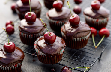 Wall Mural - Cherry-Chocolate-coffee muffins with melted dark chocolate topping with the addition of fresh cherries on on a cooling tray, on a dark background, close-up. Delicious dessert