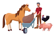 Farm, Animals And Farmer Cartoon