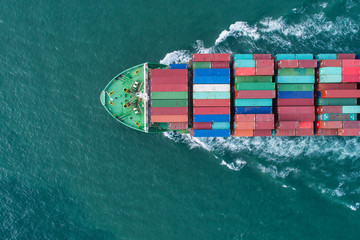 Aerial view container ship to sea port loading container for import export or transportation. shipping business logistic. Trade Port and Shipping cargo to harbor, International transportation.