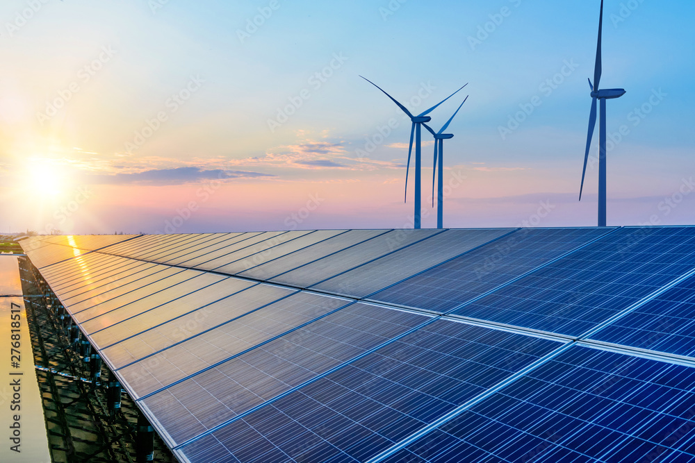 Solar panels and wind power generation equipment  - obrazy, fototapety, plakaty 