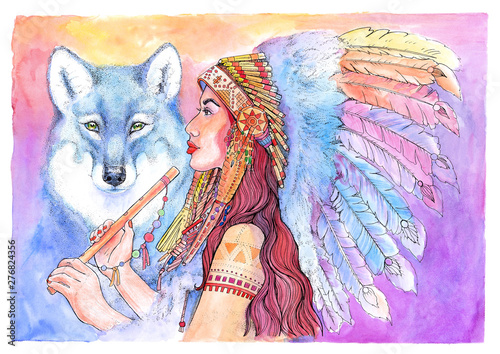  Obrazy Indianie   akwarela-native-american-kobieta-z-fletem-i-wilkiem