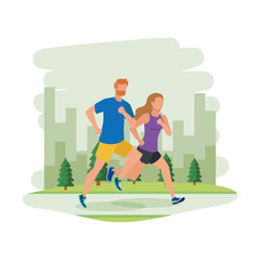 Sticker - young athletic couple running in the park