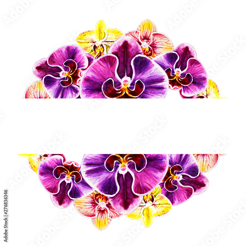 Beautiful colorful orchid text frame. Bouquet of flowers. Floral print. Marke...