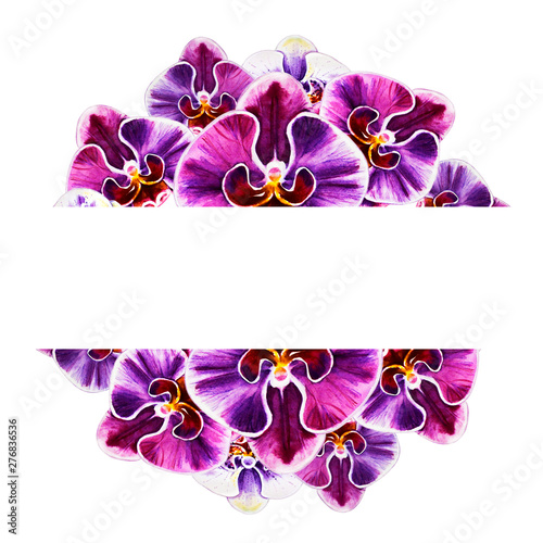 Beautiful colorful orchid text frame. Bouquet of flowers. Floral print. Marke...
