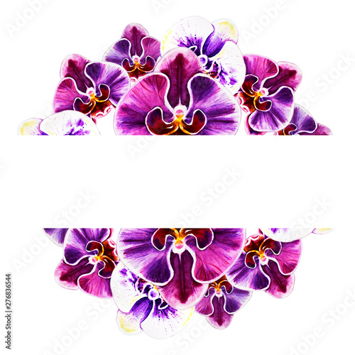 Beautiful colorful orchid text frame. Bouquet of flowers. Floral print. Marke...