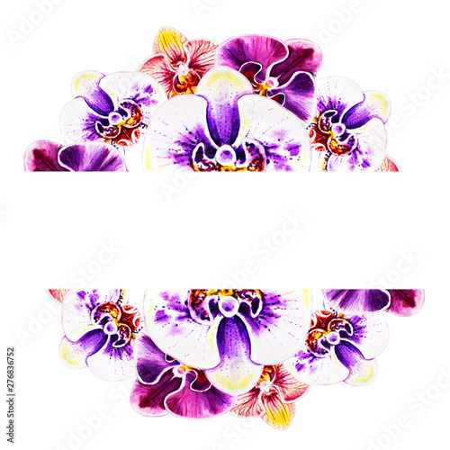 Beautiful colorful orchid text frame. Bouquet of flowers. Floral print. Marke...